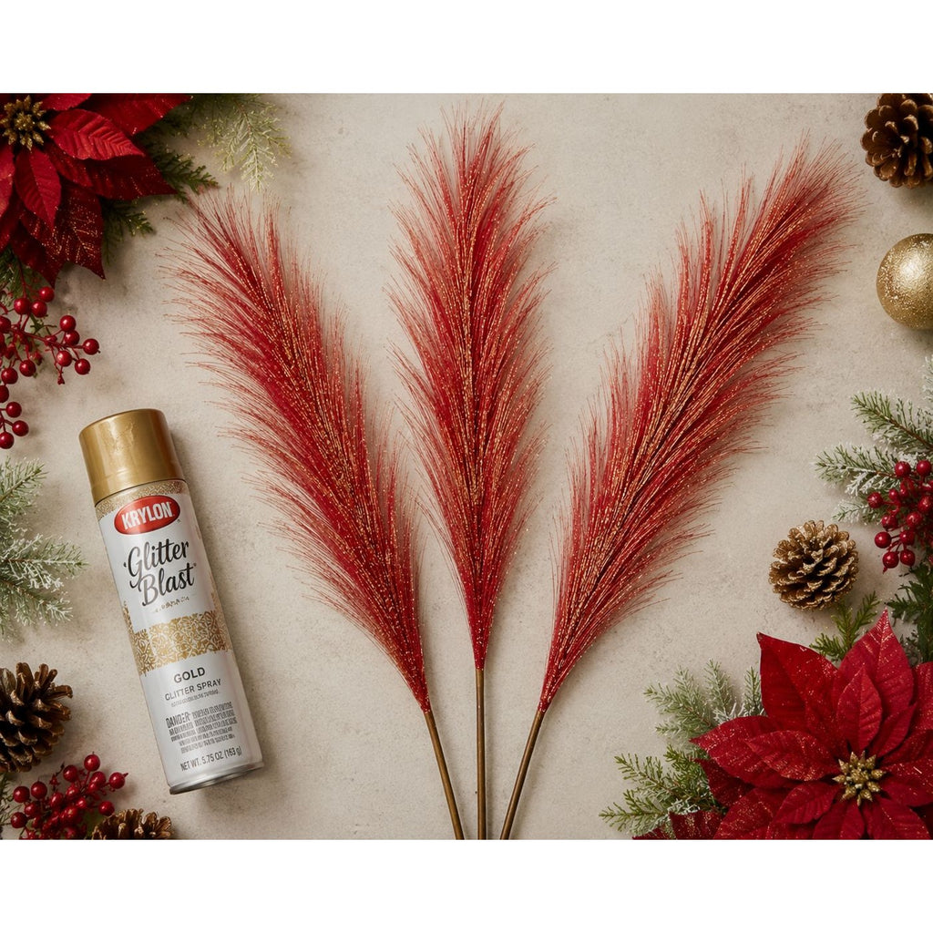 Red Artificial Pampas Grass Stems Set of 3, 20 Inch Faux Pampas Grass, Wispy Floral Filler, Farmhouse Vase Decor, Holiday Arrangement