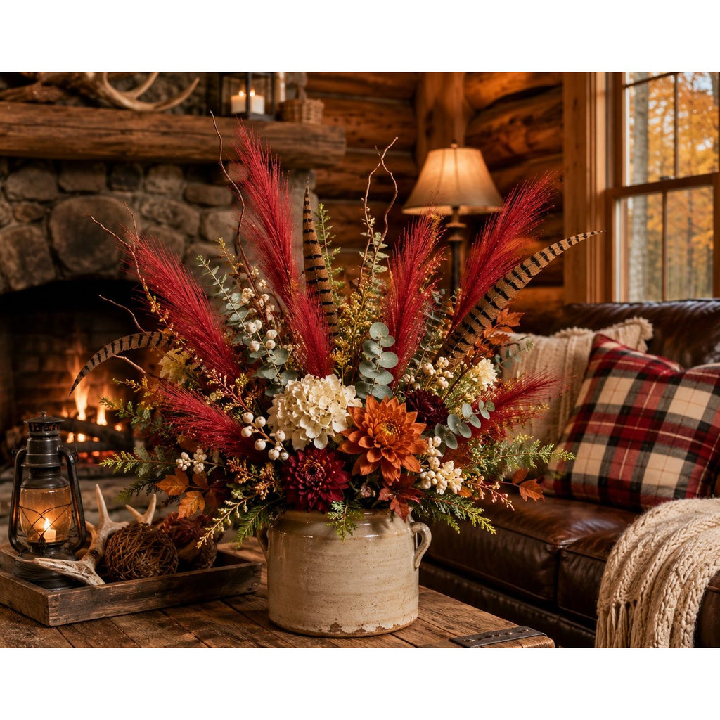 A rustic fall floral arrangement in a beige ceramic pot, displayed on a wooden table in a cozy log cabin living room with a fireplace, leather sofa, and plaid throw pillow.