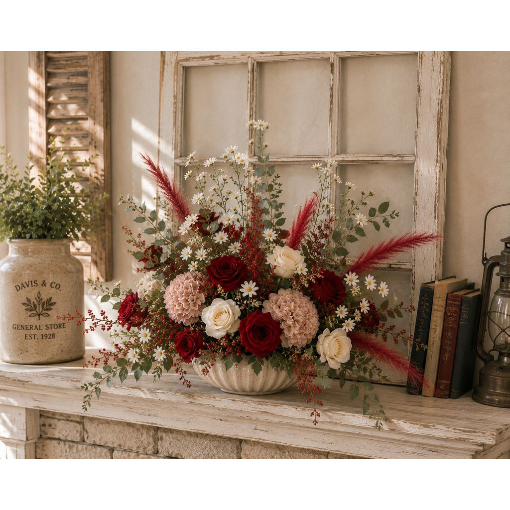 A rustic floral arrangement in a ribbed ceramic pot, featuring deep red roses, cream roses, pink hydrangeas, and red feather grass, displayed on a distressed white wooden mantel.