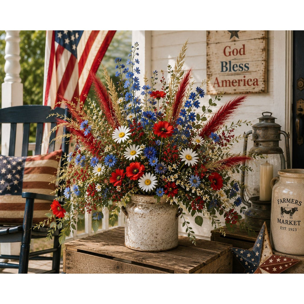 A large patriotic floral arrangement in a rustic white ceramic pot, featuring red poppies, blue and white daisies, and red feather grass, displayed on a wooden crate on a porch with an American flag, rocking chair, and a vintage jar in the background.