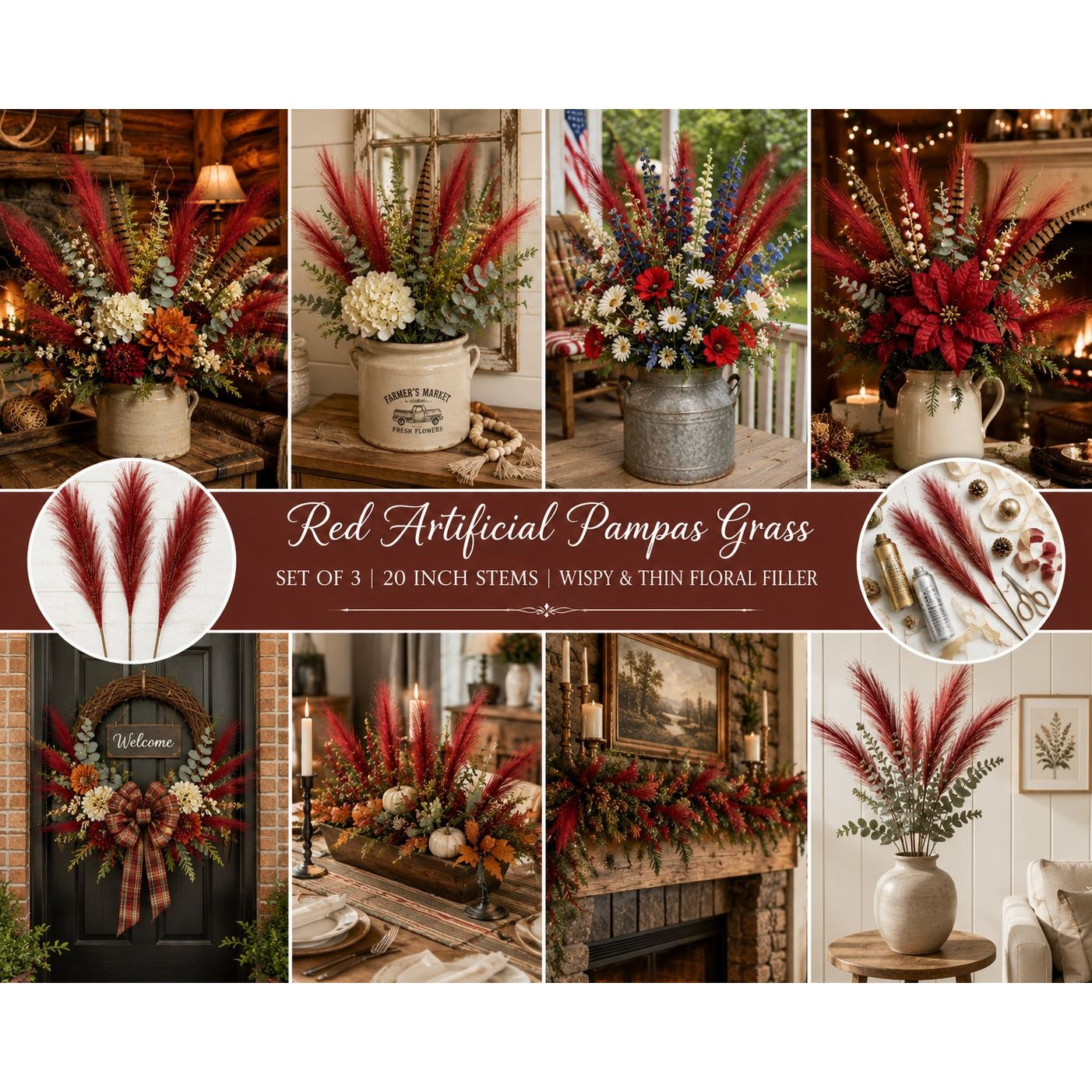Red Artificial Pampas Grass Stems Set of 3, 20 Inch Faux Pampas Grass, Wispy Floral Filler, Farmhouse Vase Decor, Holiday Arrangement