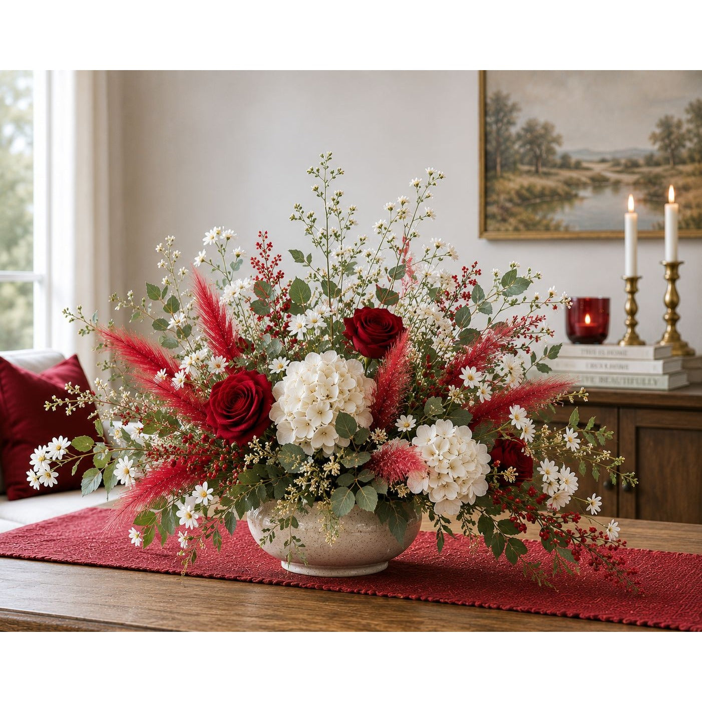 Red Artificial Pampas Grass Stems Set of 3, 20 Inch Faux Pampas Grass, Wispy Floral Filler, Farmhouse Vase Decor, Holiday Arrangement