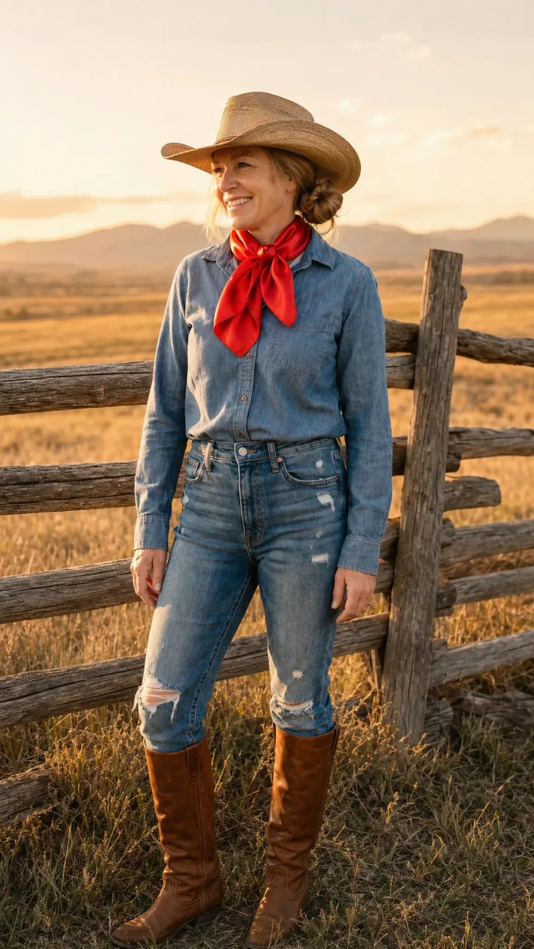 Red wild rag scarf worn by model in western lifestyle setting