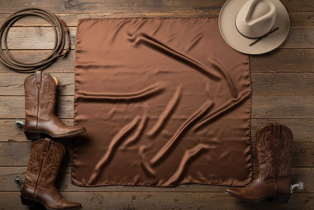 Chocolate brown wild rag scarf flat lay with western accessories