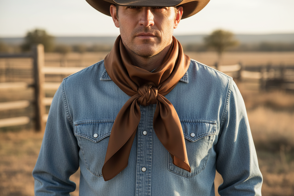 Chocolate brown wild rag scarf worn by cowboy with denim and hat