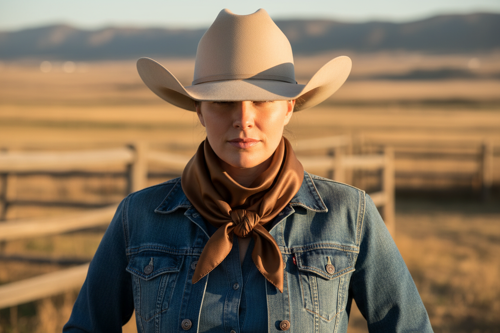 Chocolate brown wild rag scarf worn by cowgirl with denim and hat