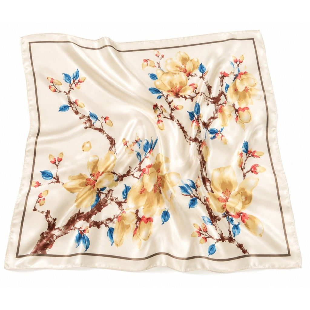 Cream Floral Satin Scarf 35x35 Magnolia Square Head Hair Neck Scarf for Women