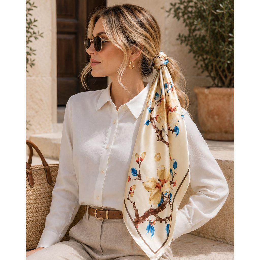 Cream Floral Satin Scarf 35x35 Magnolia Square Head Hair Neck Scarf for Women