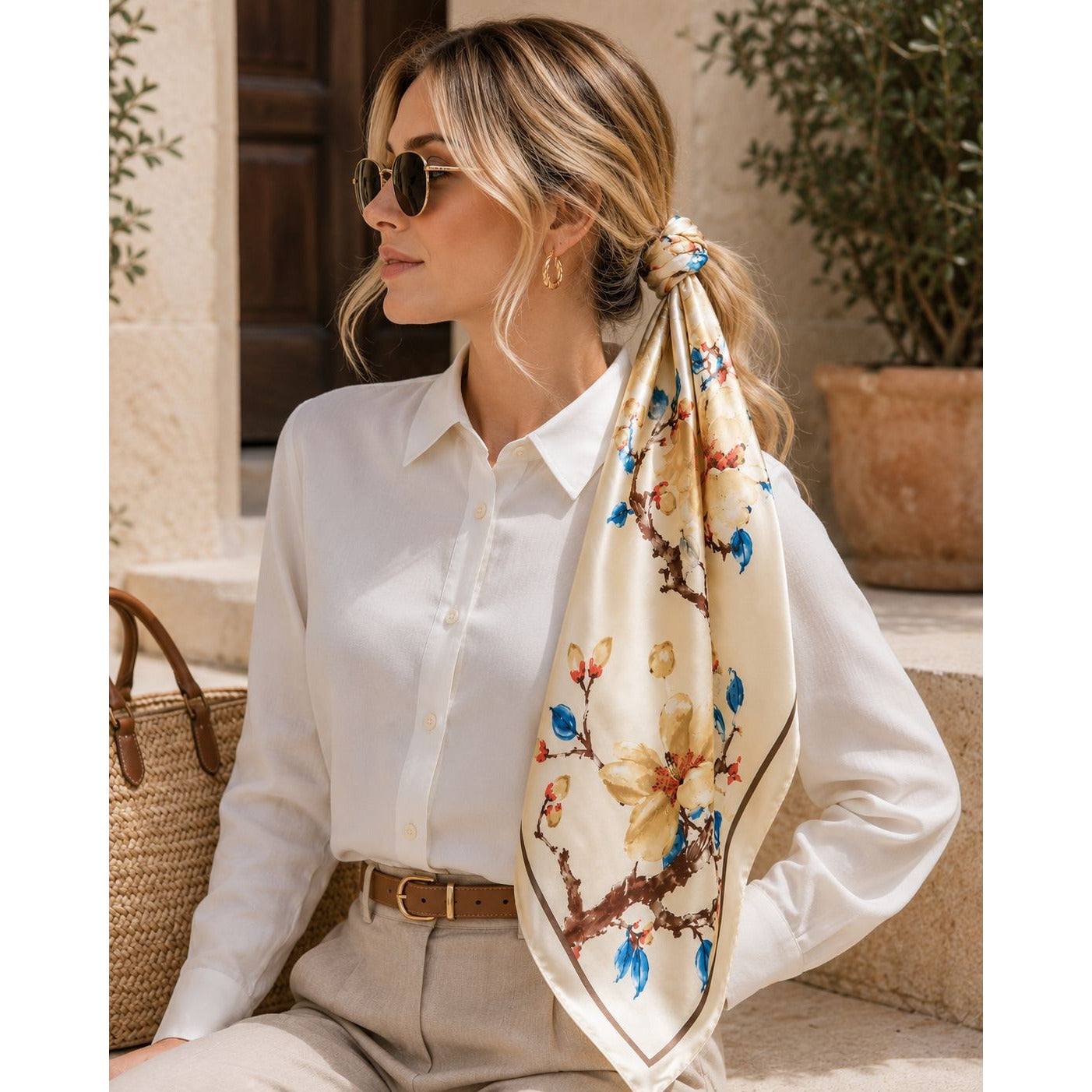 Cream Floral Satin Scarf 35x35 Magnolia Square Head Hair Neck Scarf for Women