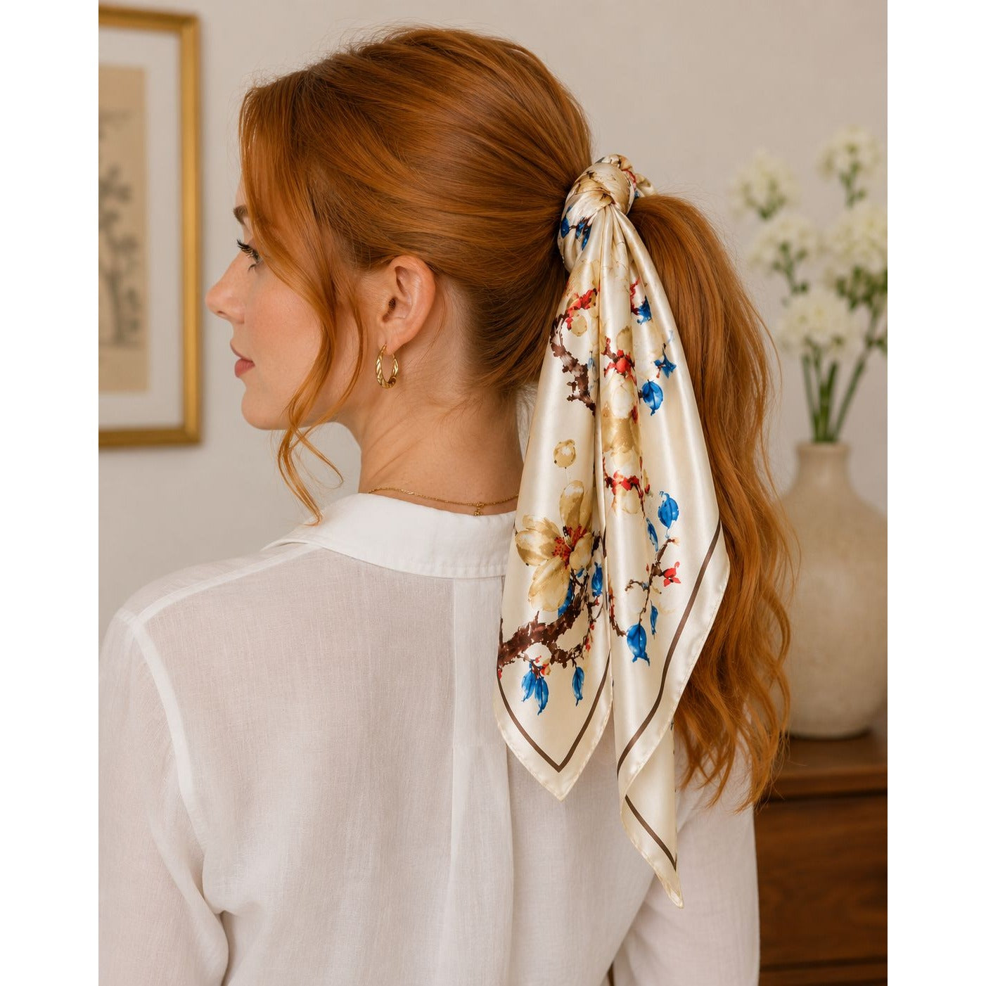 Cream Floral Satin Scarf 35x35 Magnolia Square Head Hair Neck Scarf for Women
