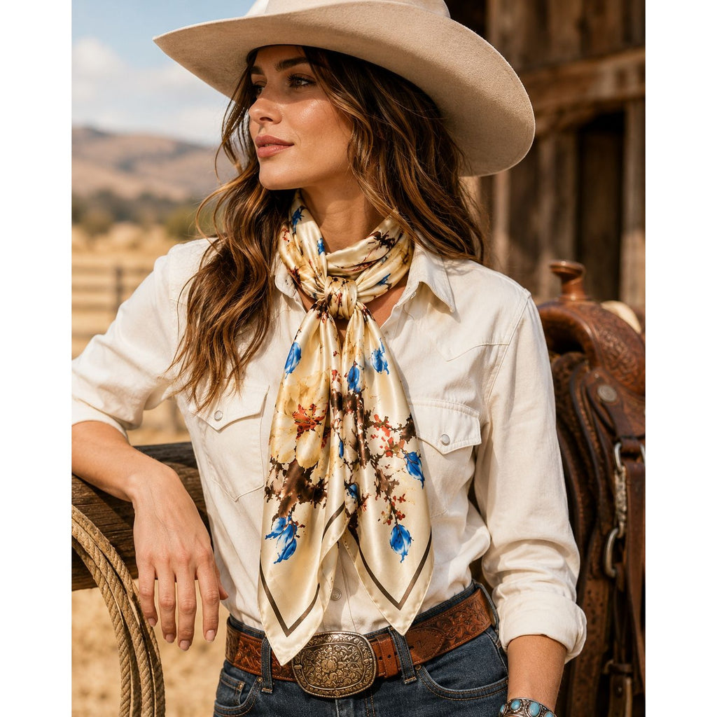 Cream Floral Satin Scarf 35x35 Magnolia Square Head Hair Neck Scarf for Women