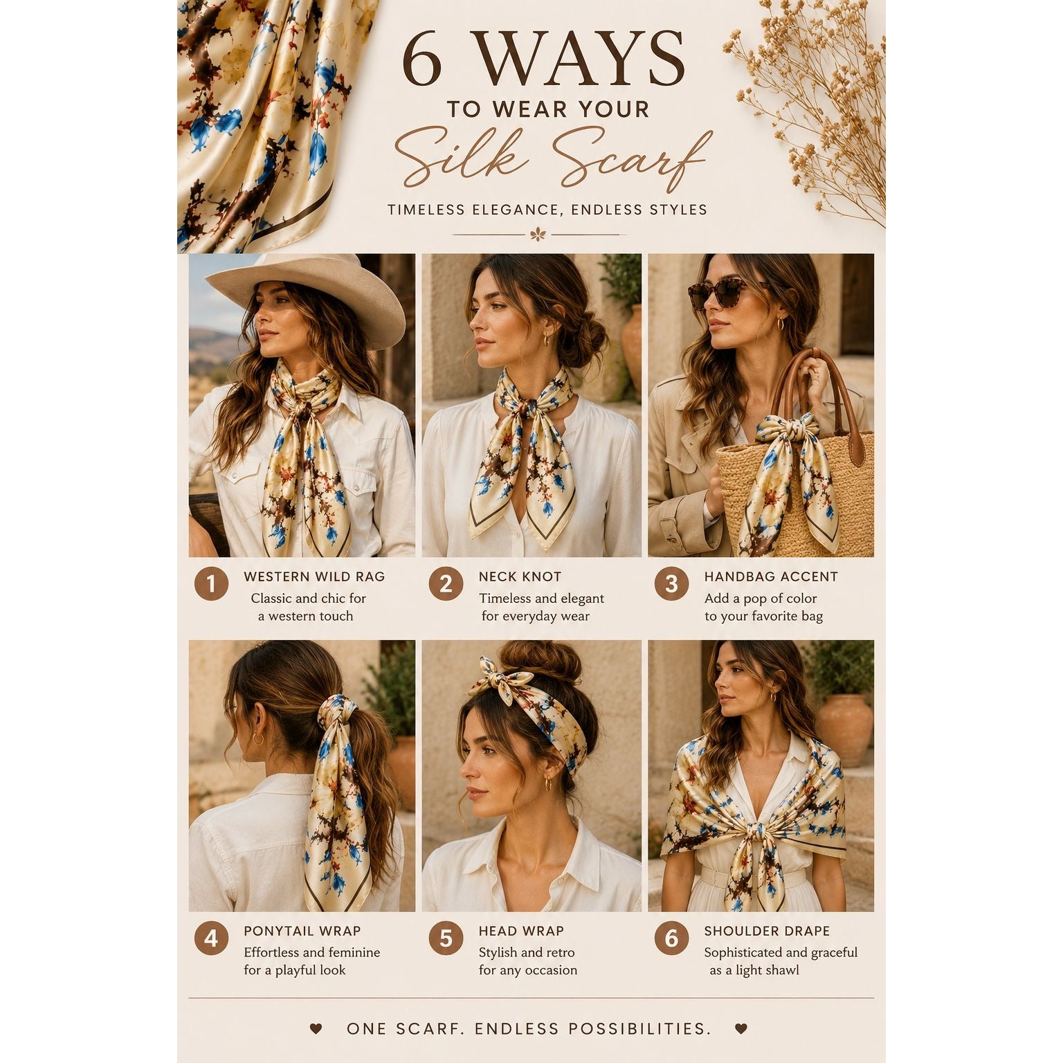 Cream Floral Satin Scarf 35x35 Magnolia Square Head Hair Neck Scarf for Women