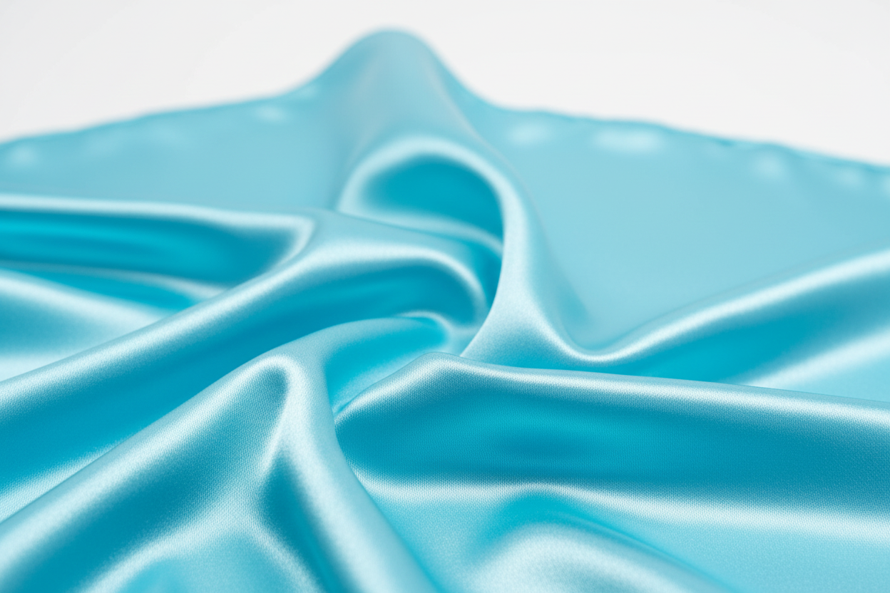 Close-up of aqua blue satin wild rag 35x35 showing luxurious texture