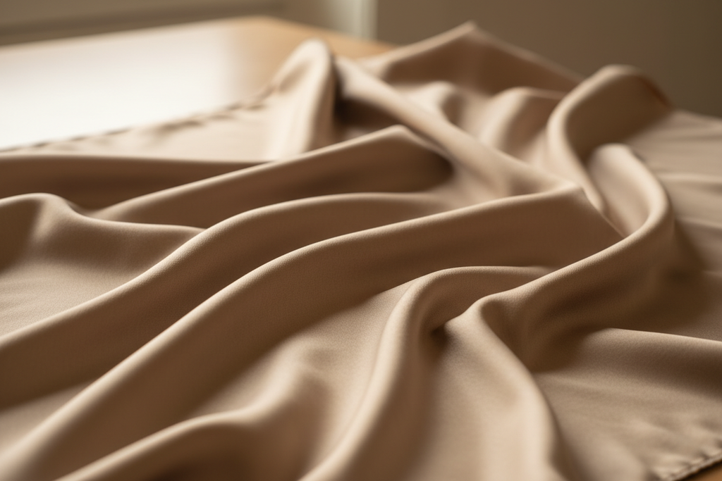 Close-up beige satin wild rag scarf texture showing silk-like sheen and drape