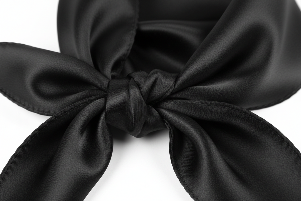Close-up of black satin wild rag 23x23 showing luxurious texture