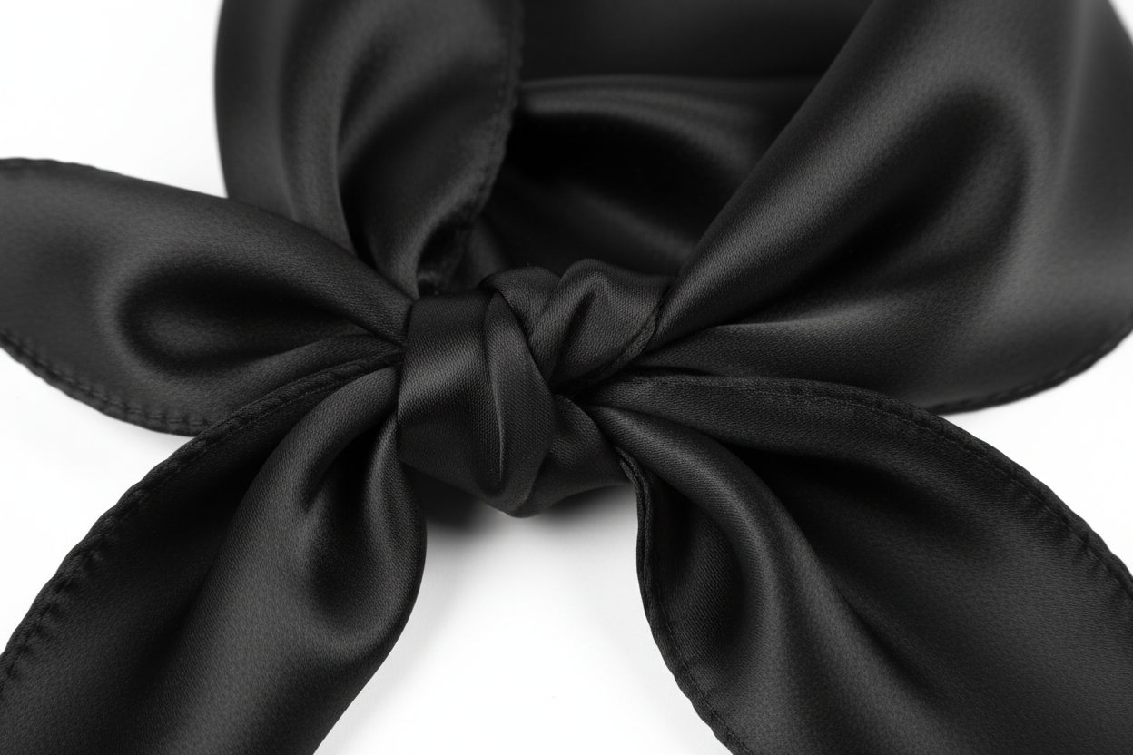 Close-up of black satin wild rag 23x23 showing luxurious texture