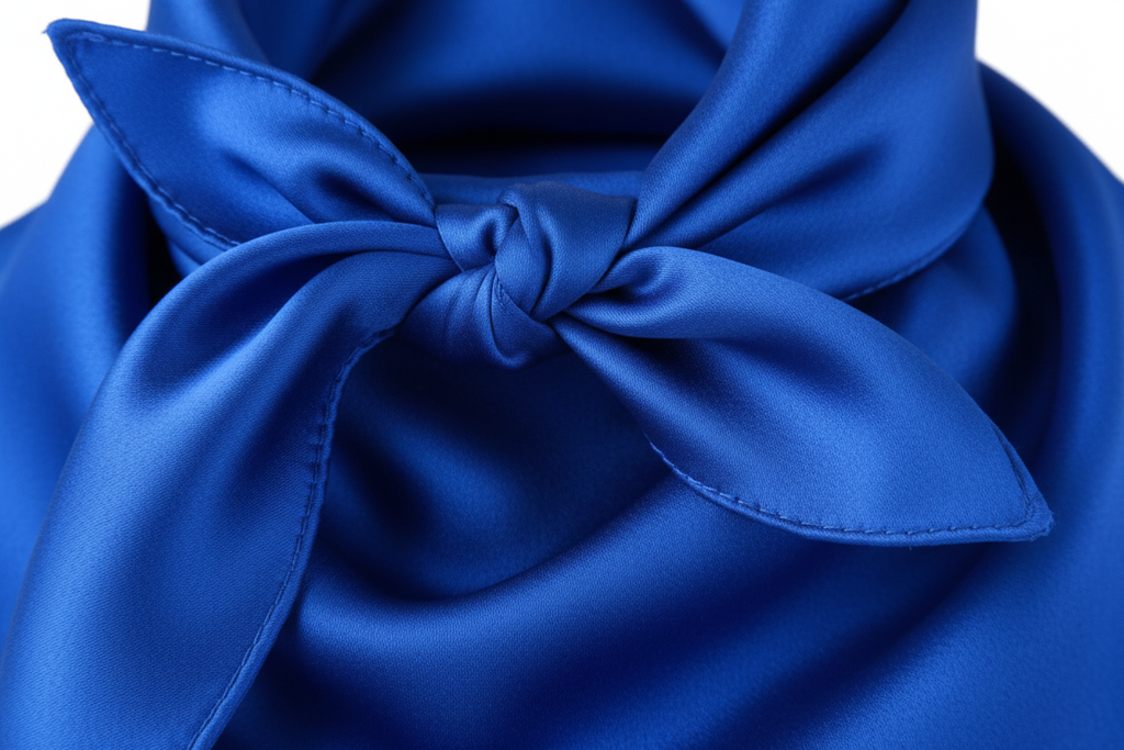 Close-up of blue satin wild rag 23x23 showing luxurious texture