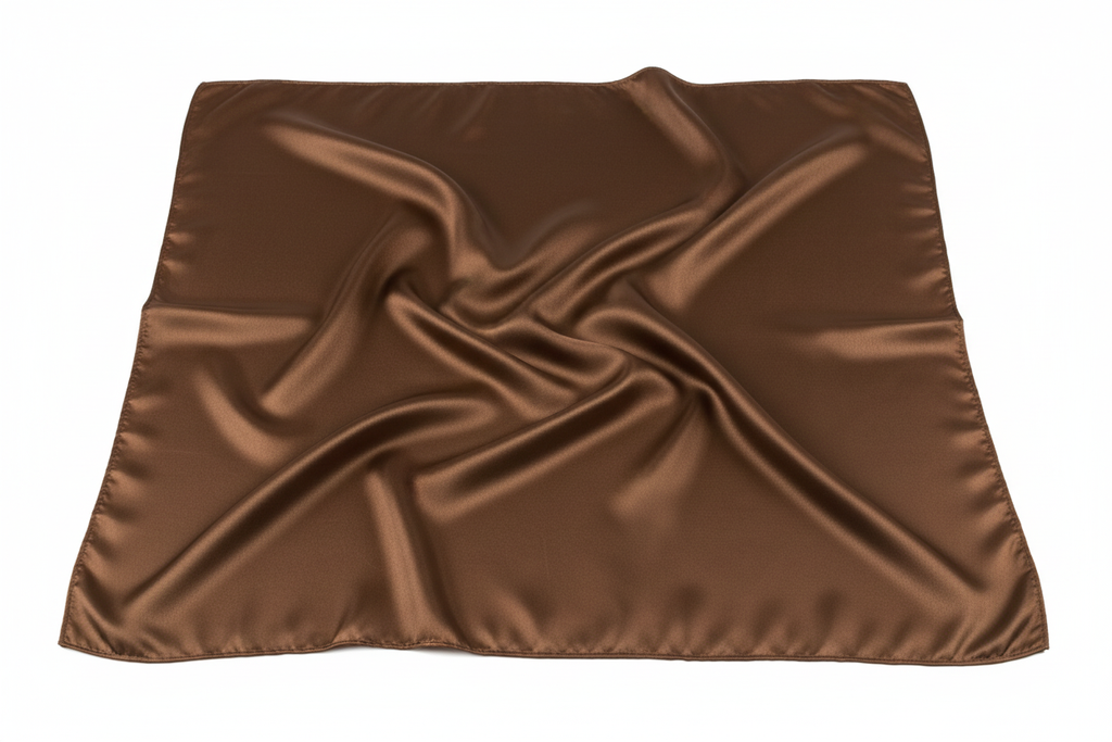 Close-up of brown satin wild rag 23x23 showing luxurious texture