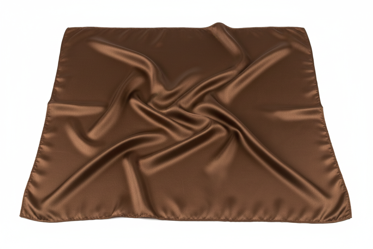 Close-up of brown satin wild rag 23x23 showing luxurious texture