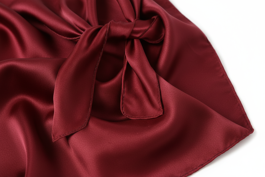 Close-up of burgundy satin wild rag 23x23 showing luxurious texture