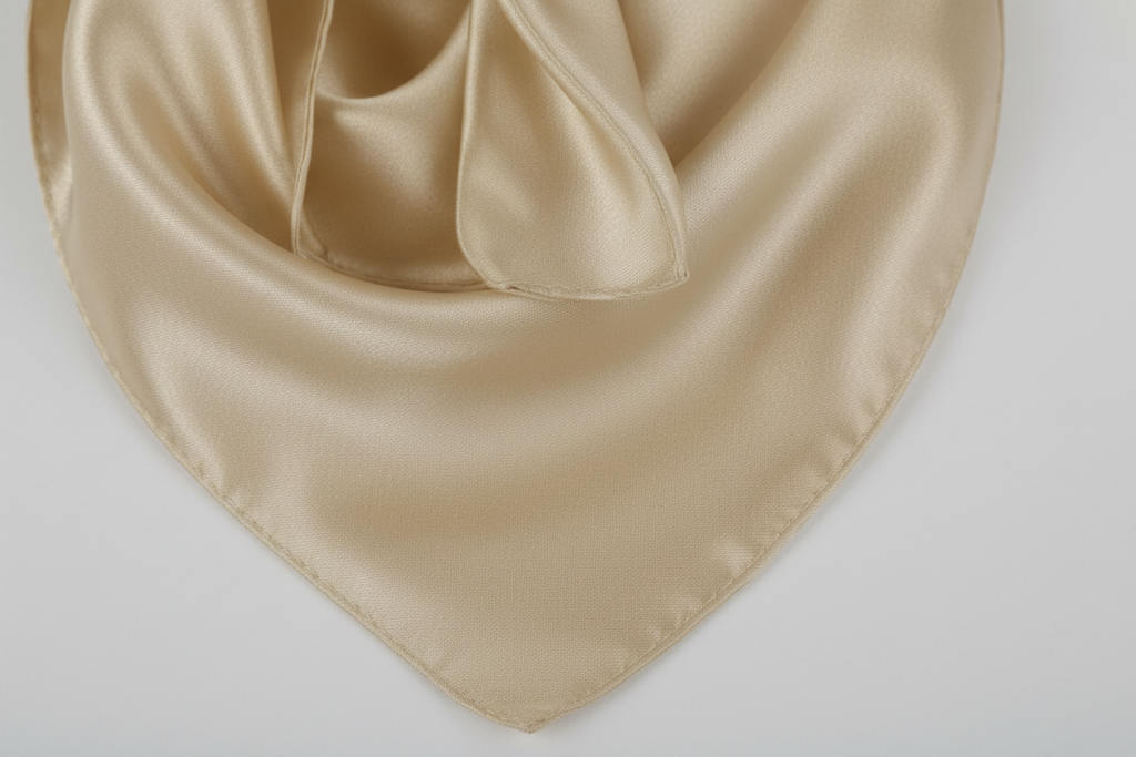 Close-up of cream beige satin wild rag 23x23 showing luxurious texture
