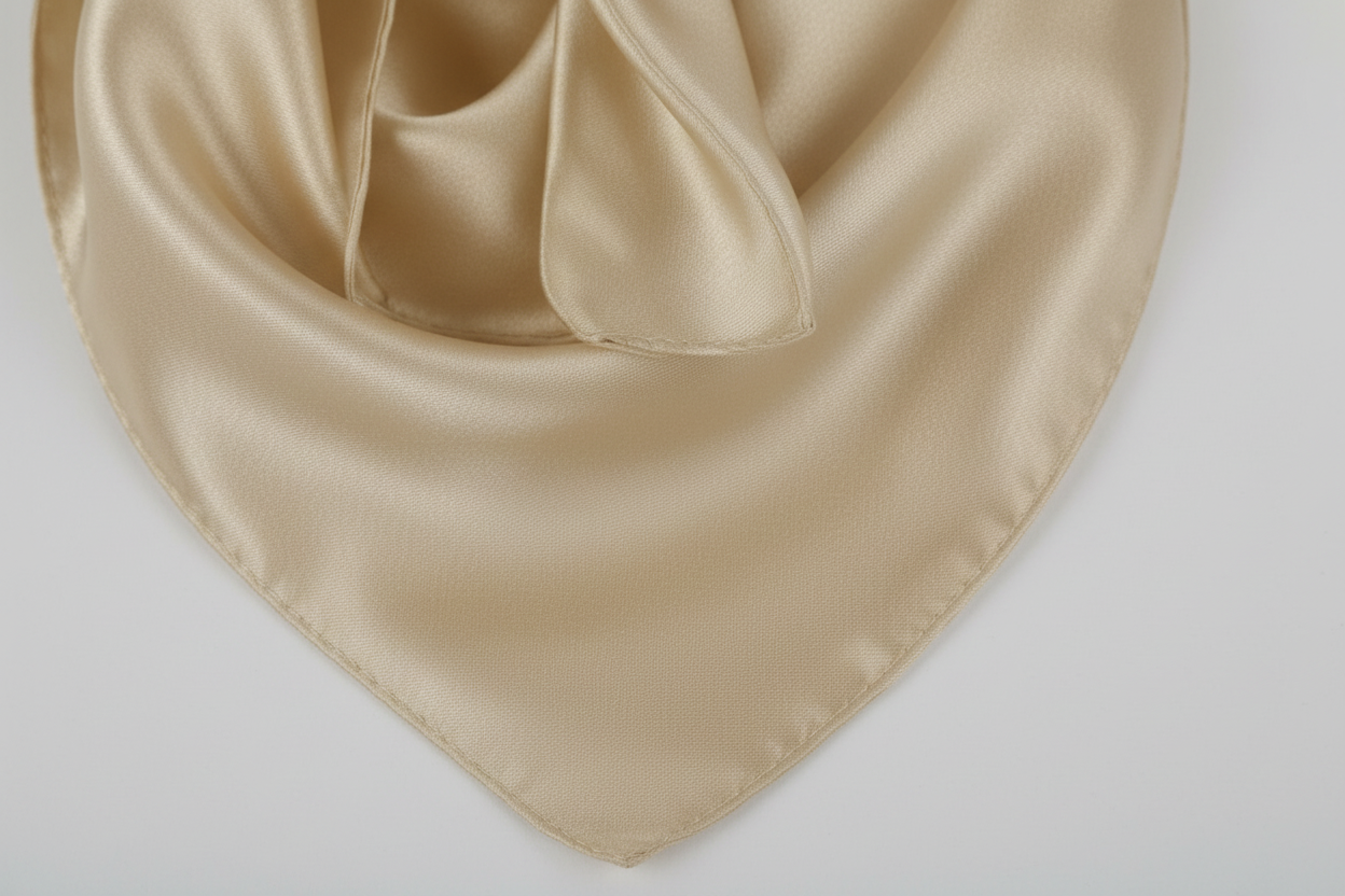 Close-up of cream beige satin wild rag 23x23 showing luxurious texture