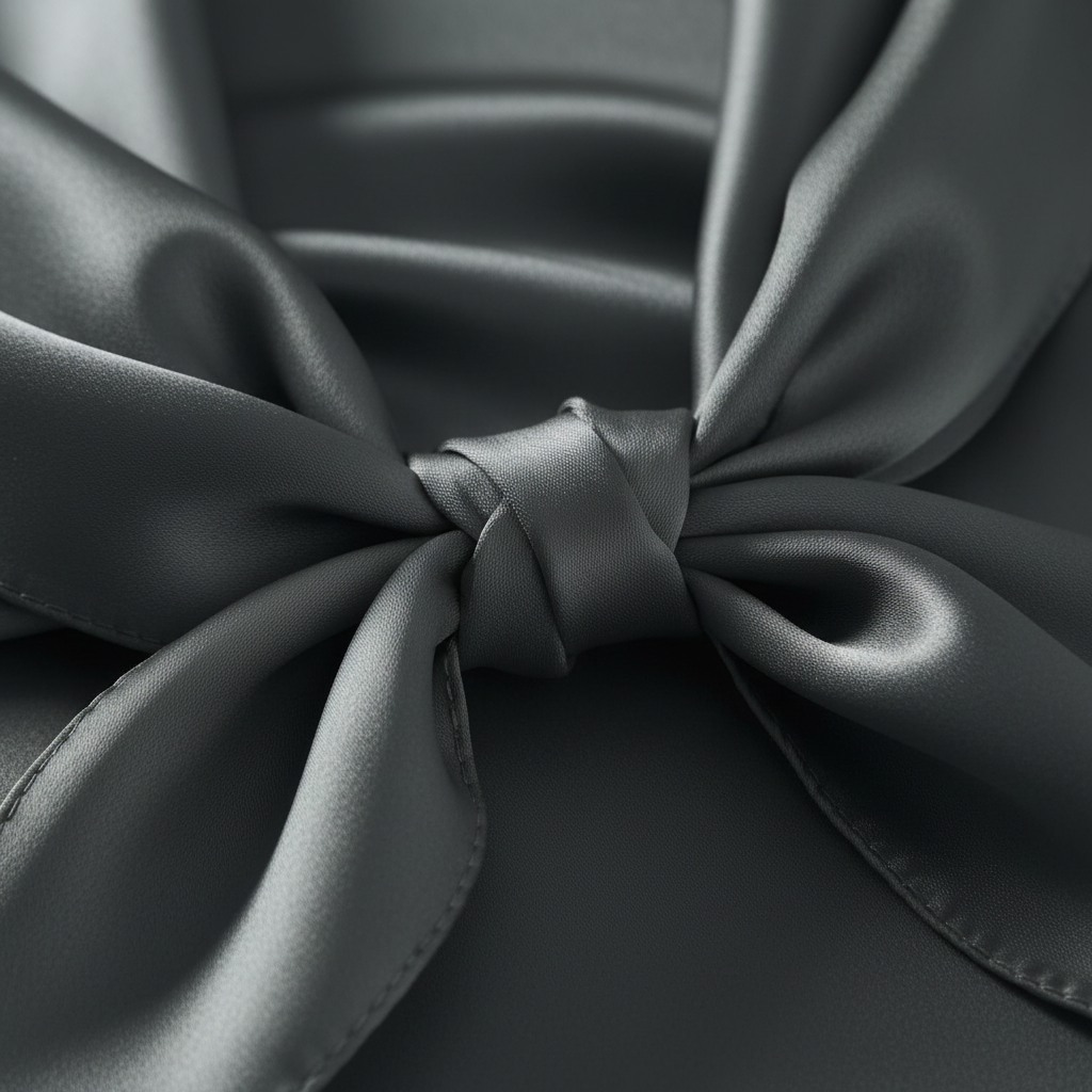Close-up of dark gray satin wild rag 23x23 showing luxurious texture
