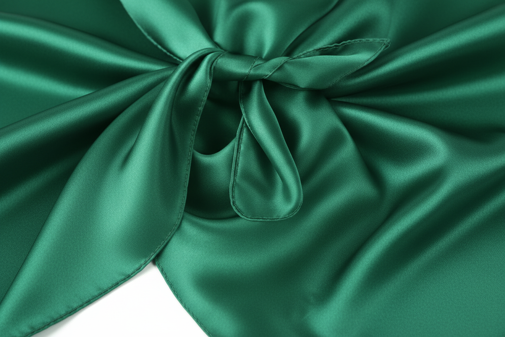 Close-up of dark green satin wild rag 23x23 showing luxurious texture