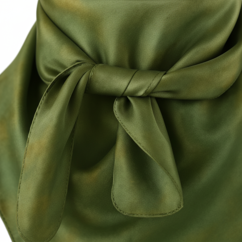 Close-up of green satin wild rag 23x23 showing luxurious texture