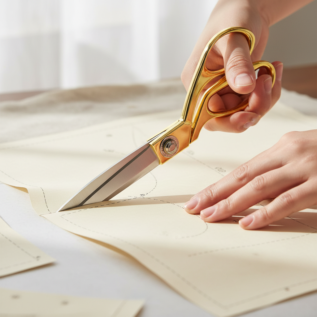 Close-up of hands using gold scissors to cut sewing pattern