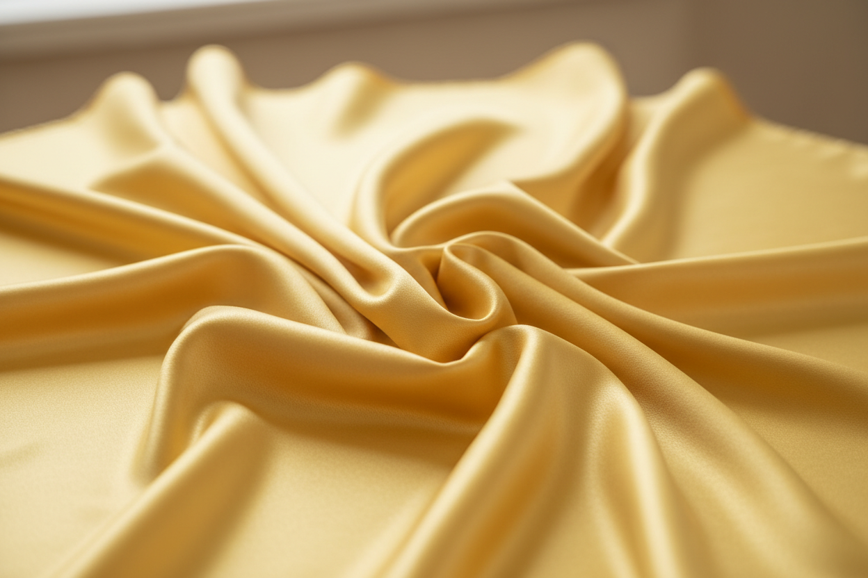 Close-up gold satin wild rag scarf texture showing silk-like sheen and drape