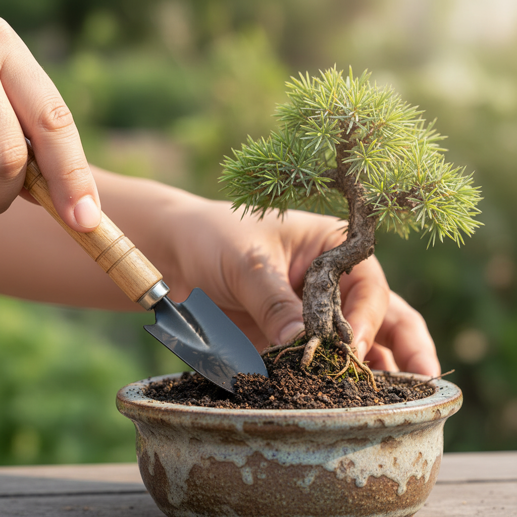 Close-up of miniature tool caring for bonsai