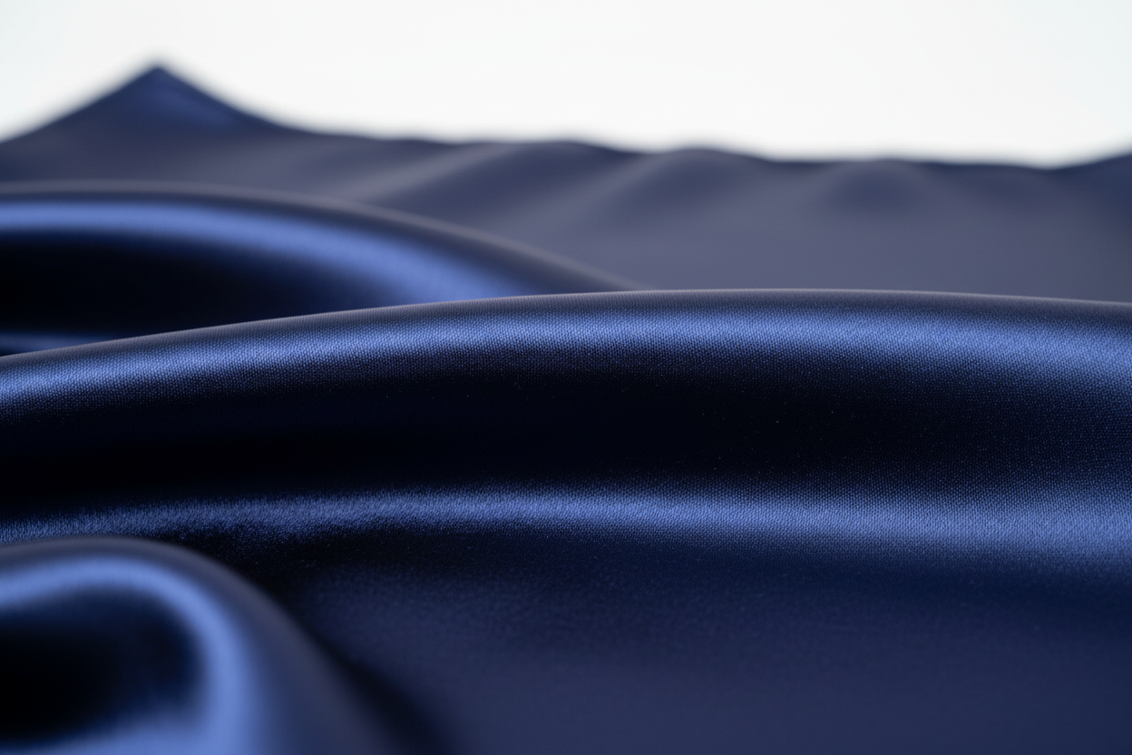 Close-up of navy blue satin wild rag 23x23 showing luxurious texture