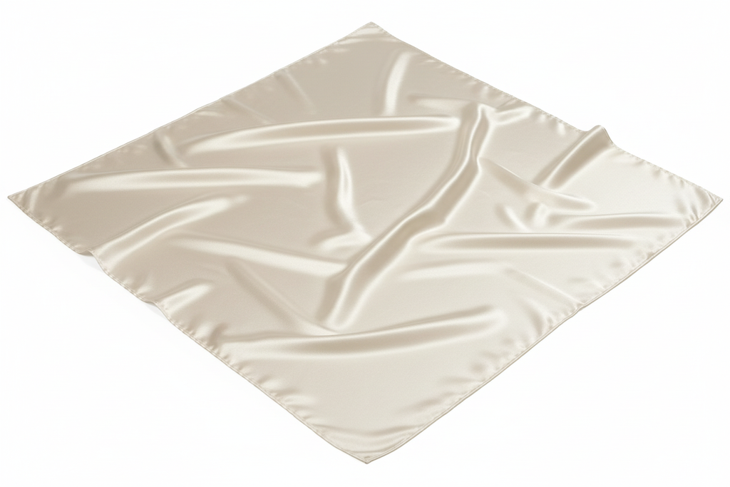 Close-up of off white satin wild rag 23x23 showing luxurious texture