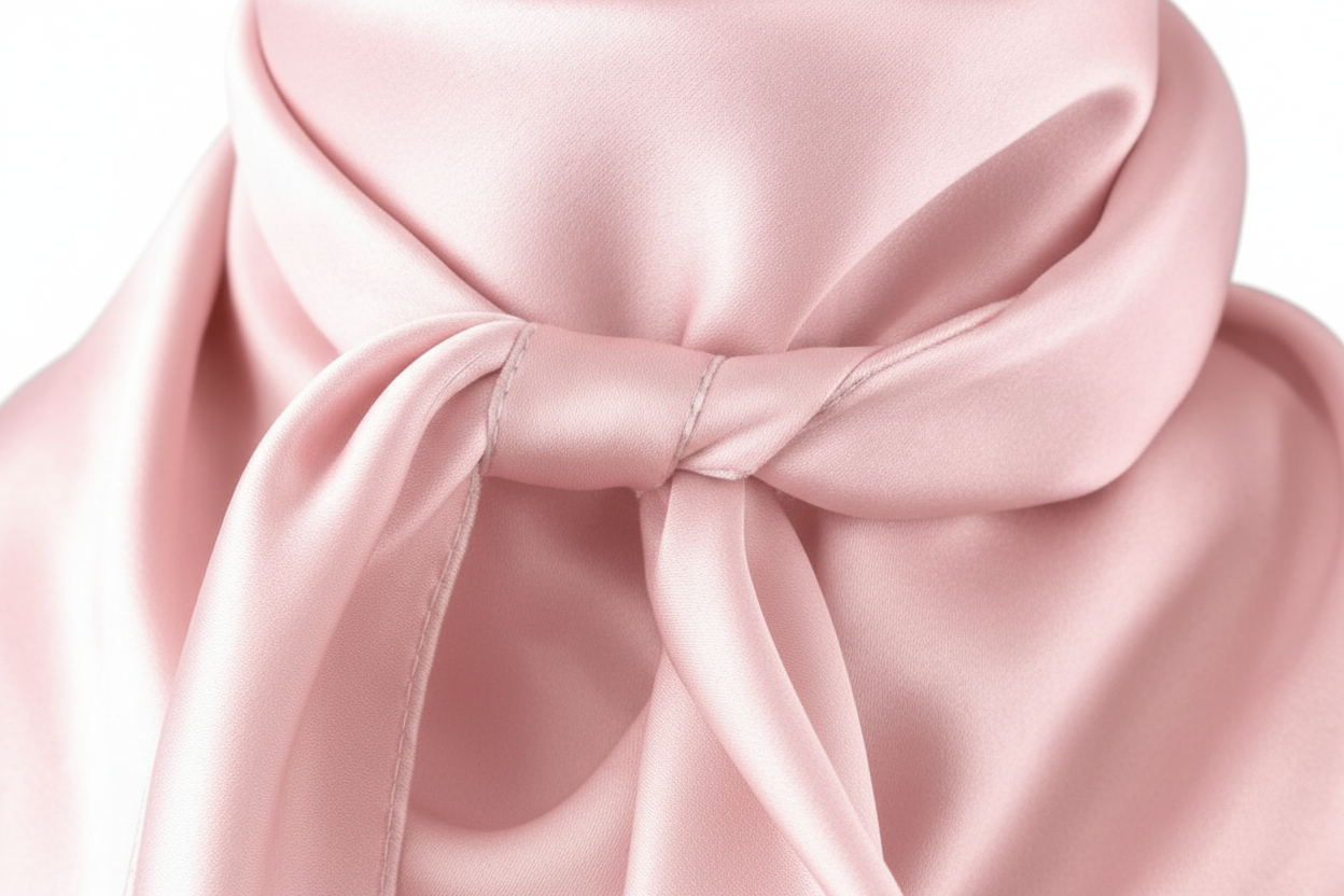 Close-up of pastel pink satin wild rag 23x23 showing luxurious texture