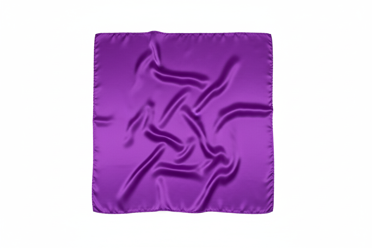 Close-up of purple satin wild rag 23x23 showing luxurious texture