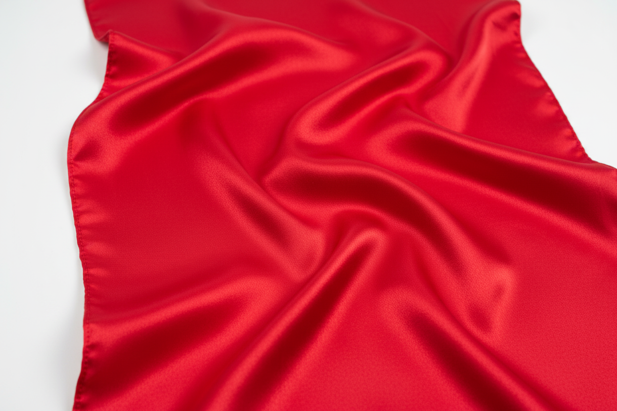 Close-up of red satin wild rag 23x23 showing luxurious texture