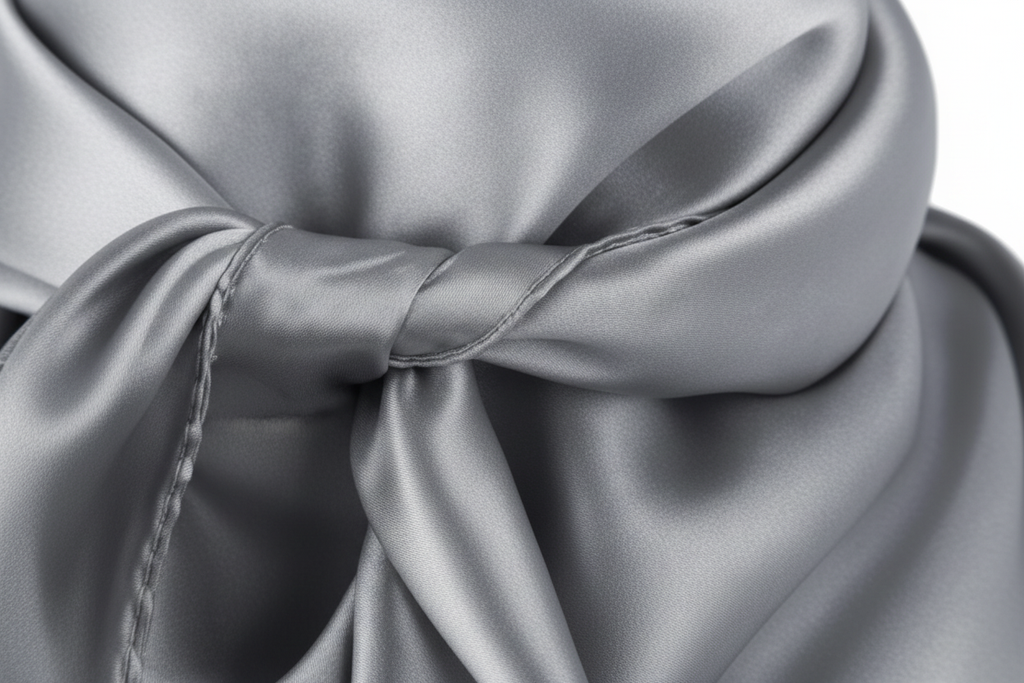 Close-up of silver gray satin wild rag 23x23 showing luxurious texture