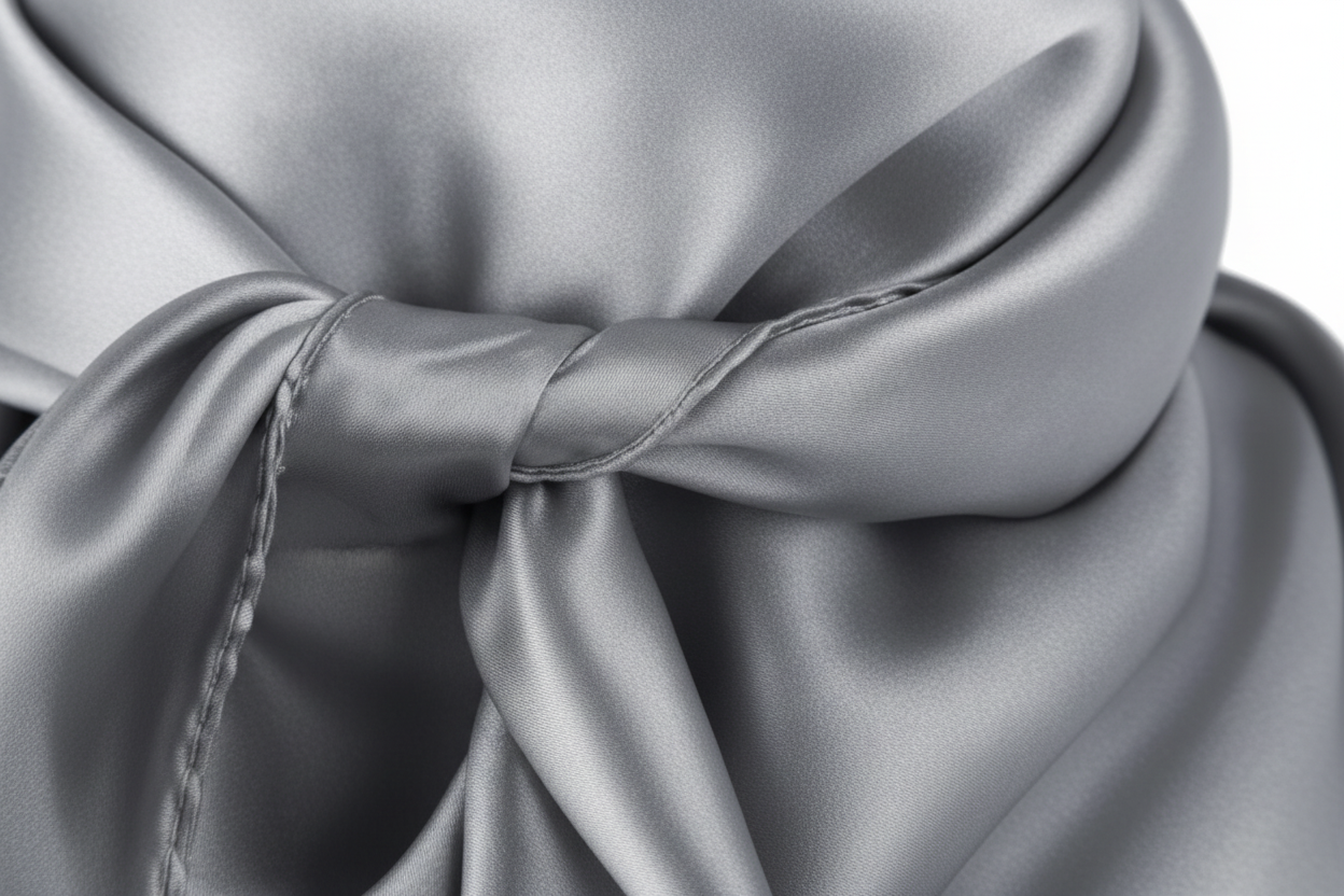 Close-up of silver gray satin wild rag 23x23 showing luxurious texture