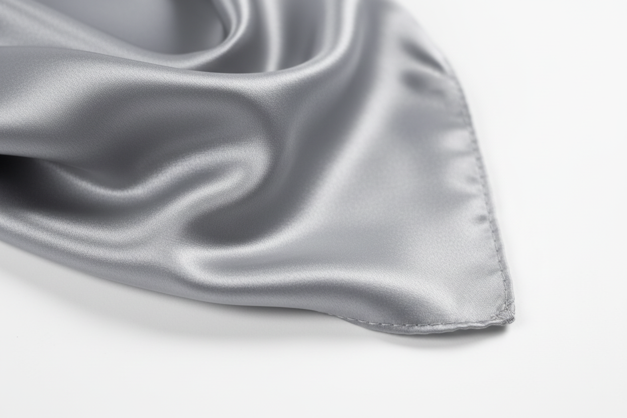 Close-up of silver gray satin wild rag 35x35 showing luxurious texture
