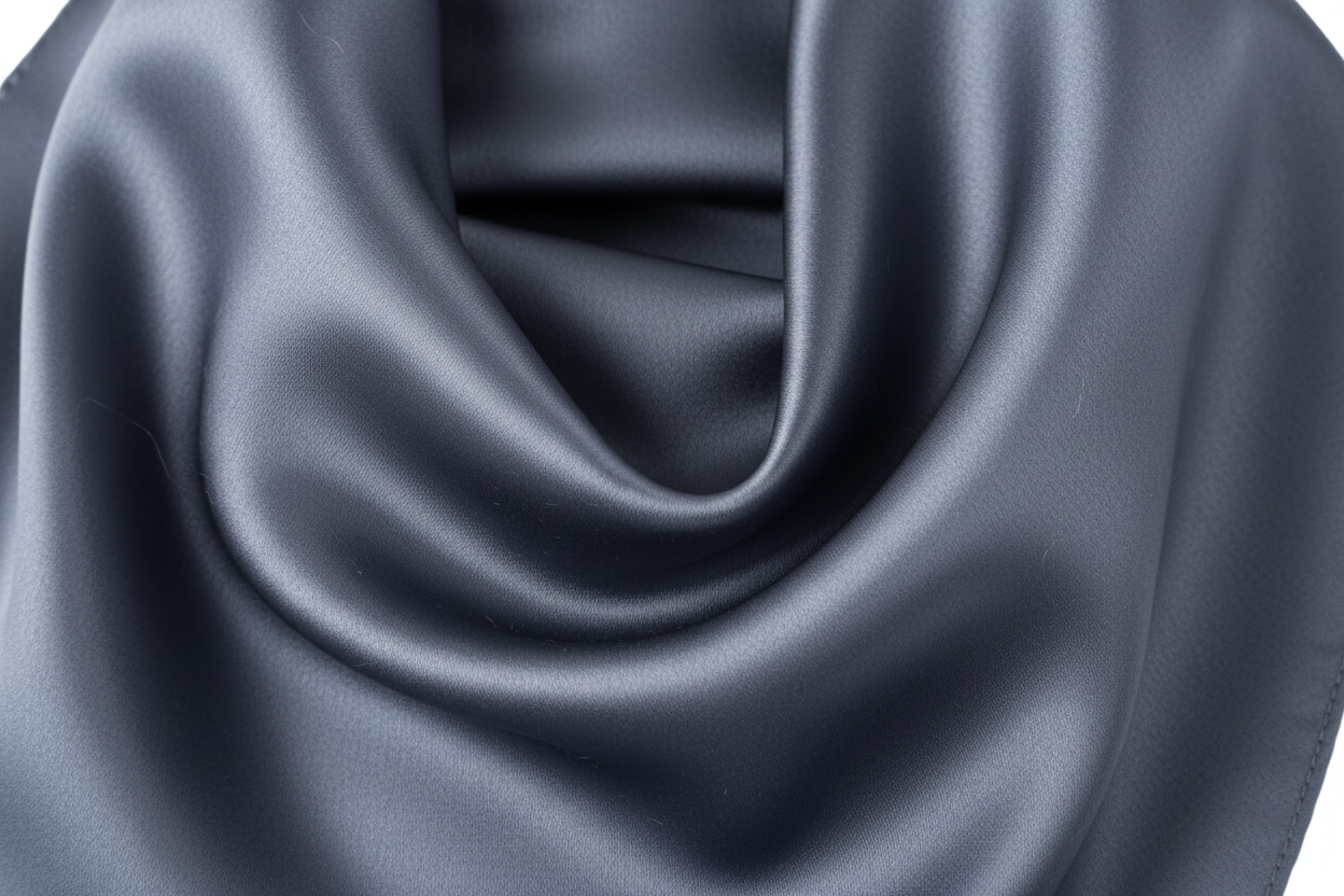 Close-up of steel blue satin wild rag 23x23 showing luxurious texture