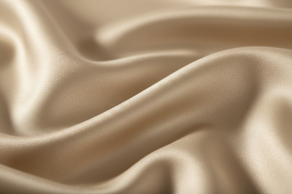 Close-up of tan satin wild rag 23x23 showing luxurious texture