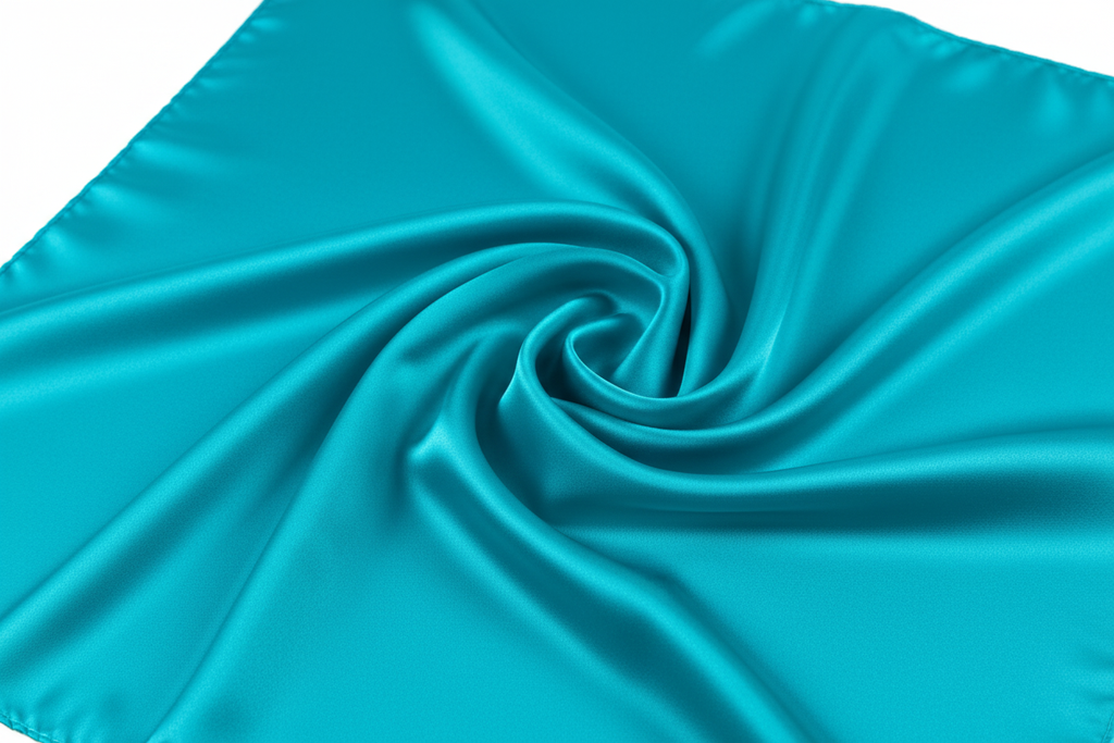 Close-up of teal blue satin wild rag 23x23 showing luxurious texture