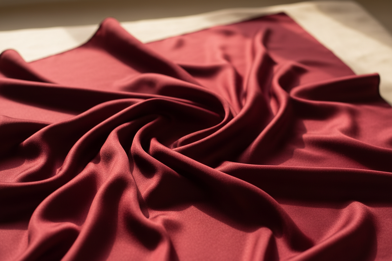 Close-up of wine red satin wild rag scarf texture and drape