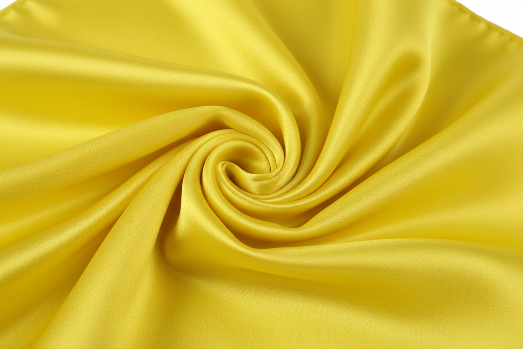 Close-up of yellow satin wild rag 23x23 showing luxurious texture