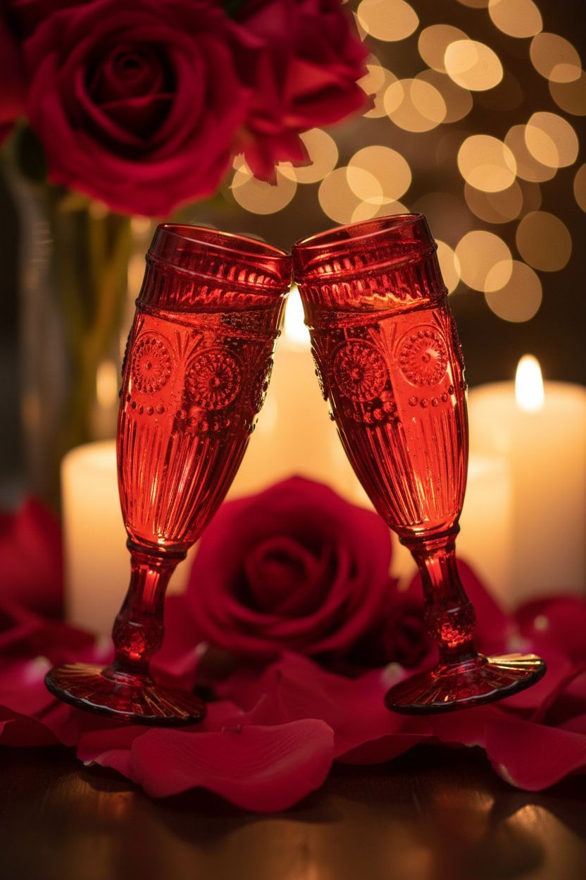 Close-up toast with red pressed glass flutes and romantic ambiance
