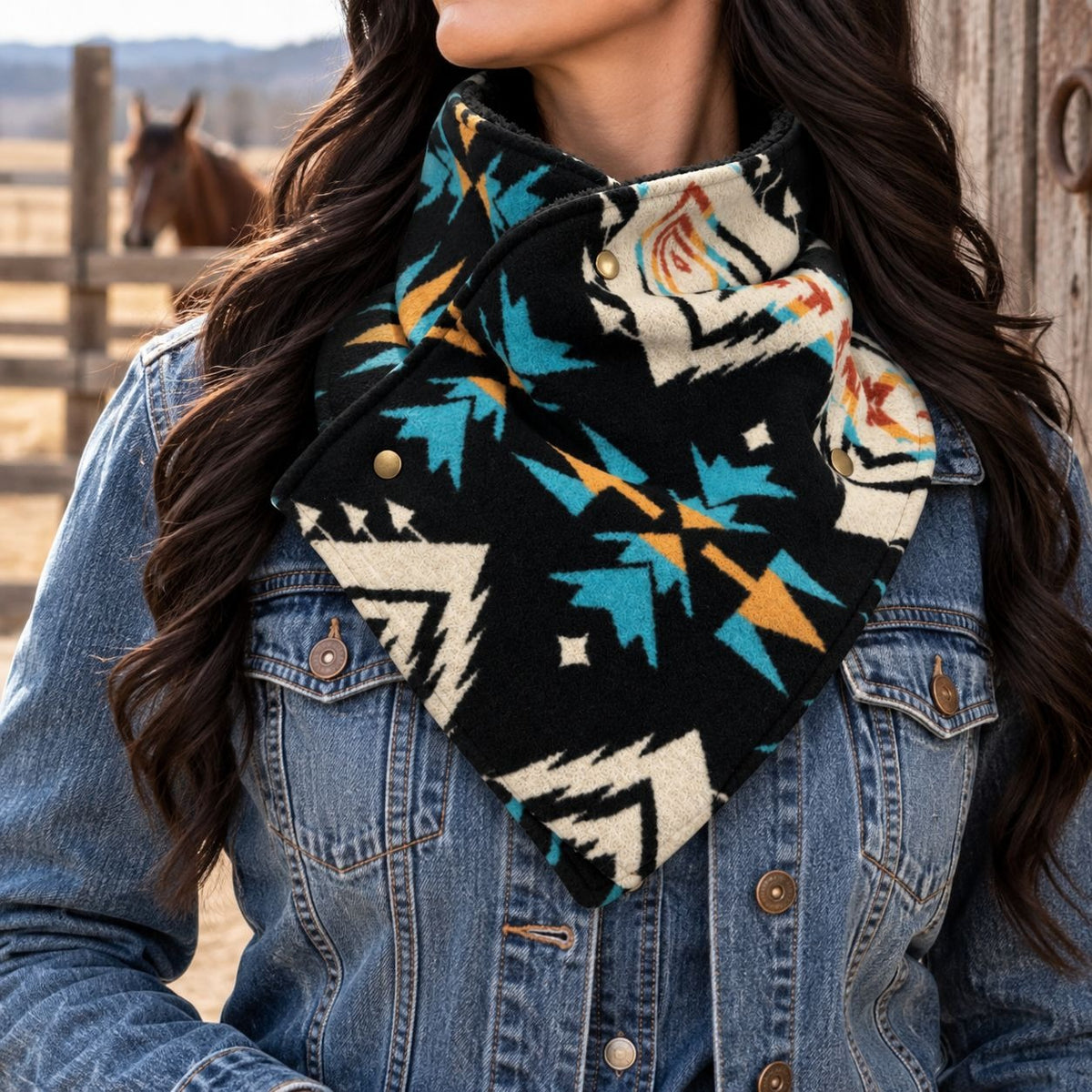 Southwestern Cowl Neck Warmer Scarf 36x9.5 Inch Fleece Lined Cowgirl