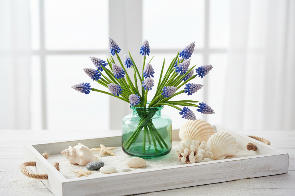 Coastal Home Decor Vignette with Grape Hyacinth, Shells and Coral