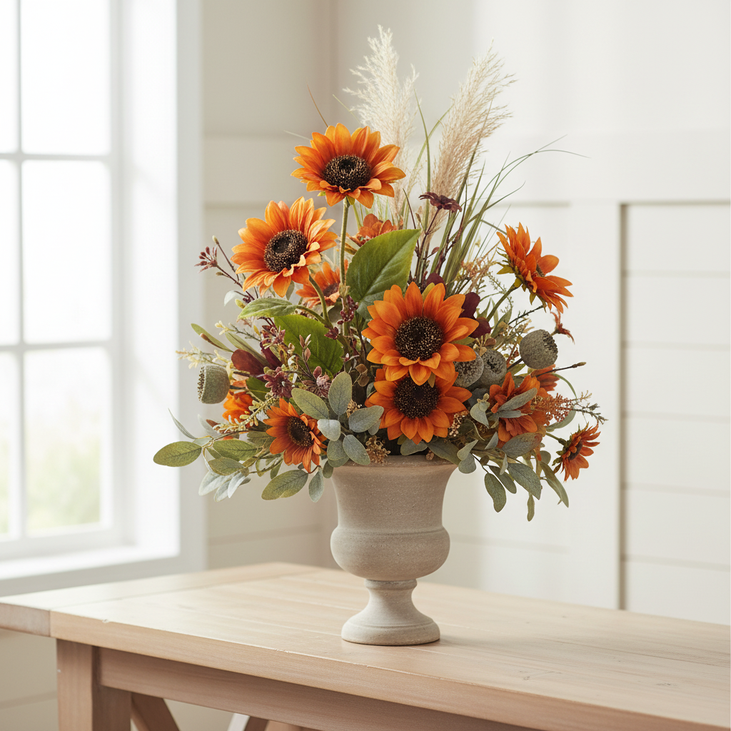 Color-corrected farmhouse sunflower arrangement