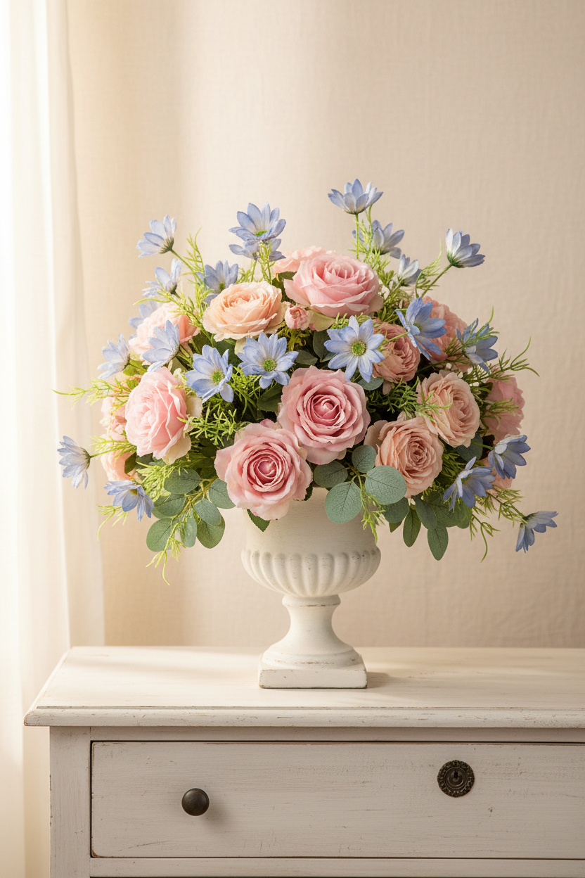 Concept A – Blue Daisy – Soft Romantic – Periwinkle Daisy + Blush Roses + Champagne Ranunculus + Antique White Urn